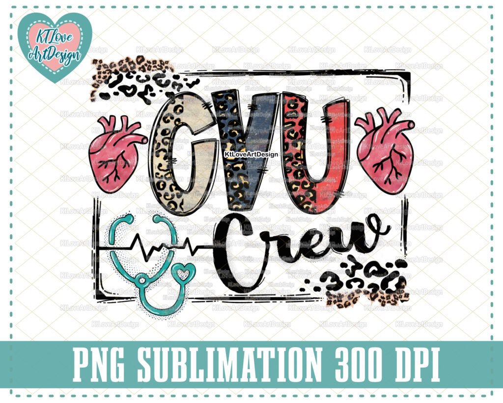 Cardiovascular ICU Png, CVU Crew, Vintage Clinic, Nurse Png, Leopard Lettering, Sublimation, PNG Sublimation Design