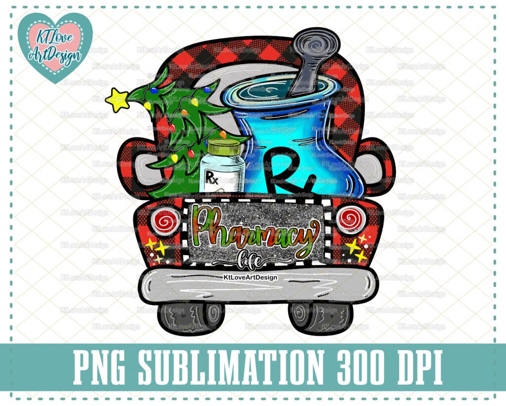 Pharmacy Christmas,Pickup Truck Pharmacy, Pharmacy Buffalo plaid, PNG Sublimation Design