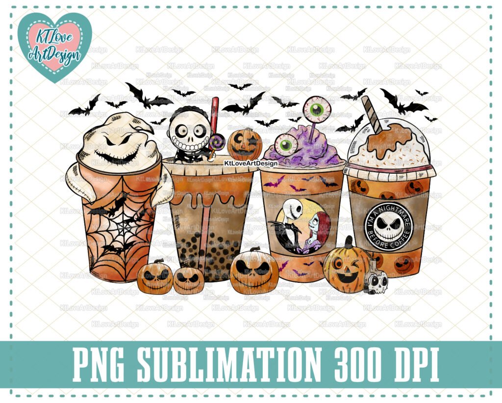Nightmare Coffee Latte PNG, Iced Coffee Drink Cozy Design, Halloween Coffee Png, Jack Skellington PNG, Png Digital Downloads