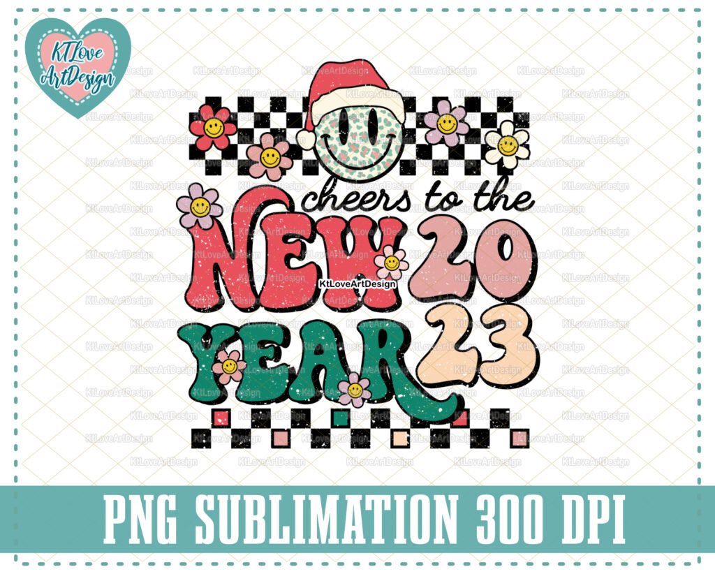 Cheers to the New Year 2023 Png, New Year Groovy Png, Retro Smiley Face Digital Download Sublimation