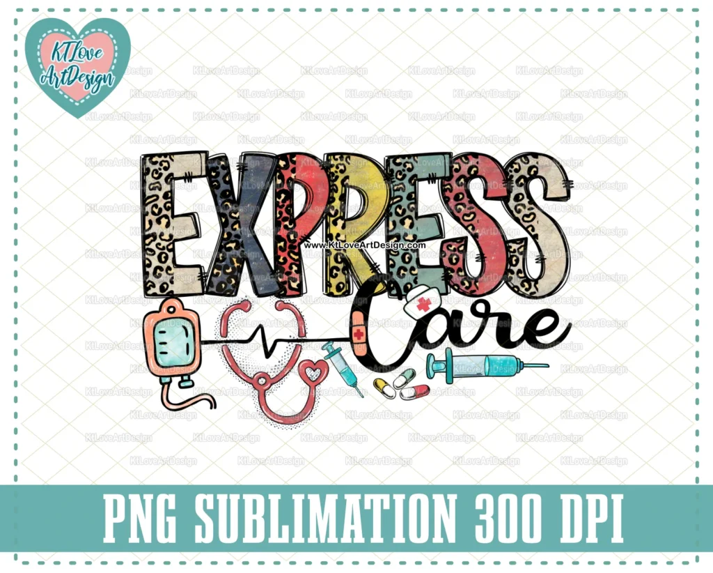 Express Care Nurse PNG, Vinatge Nurse Png, leopard doodle, PNG Sublimation Design