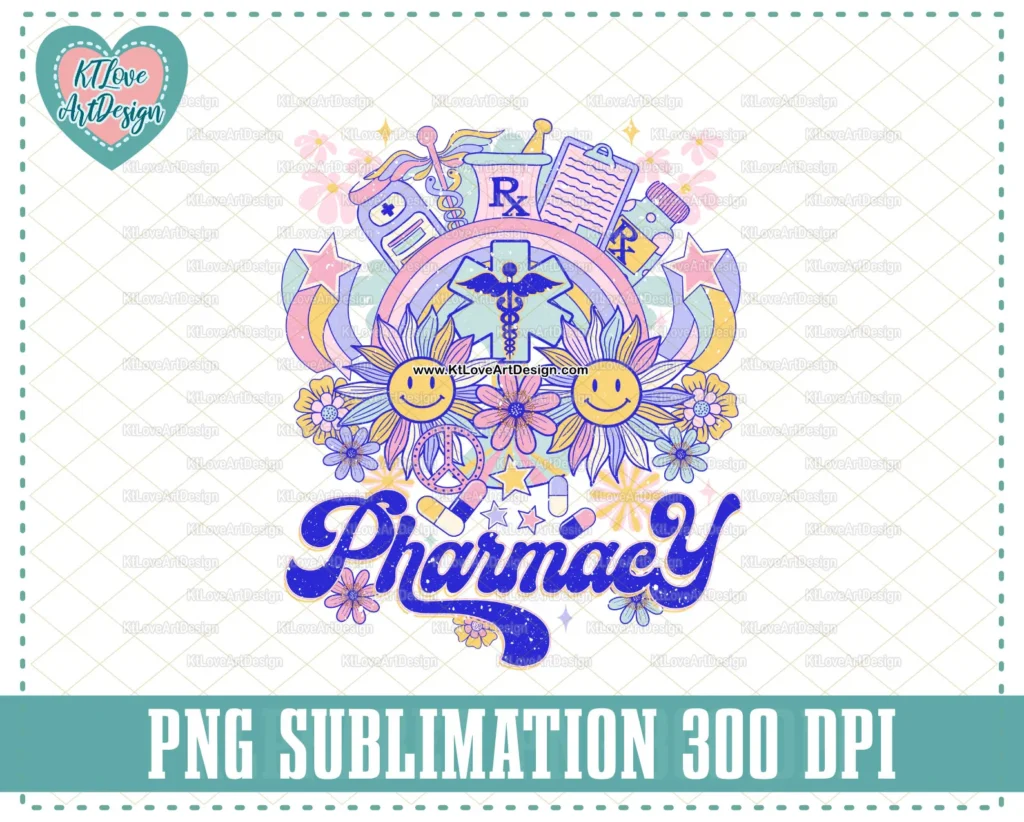 Groovy Pharmacy Png, Spring Pharmacy Png, Spring Flower Lettering, PNG Sublimation Design