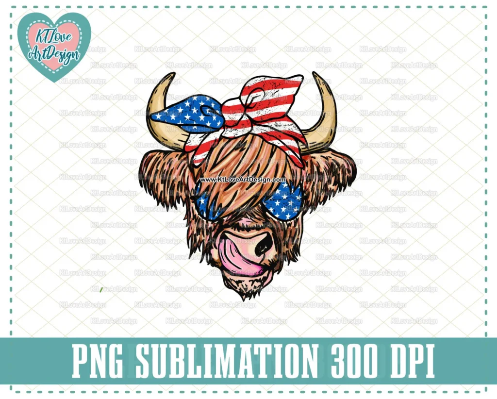 4th of July Highland Cow Png, PNG Sublimation Design