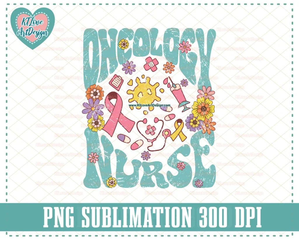 Retro Oncology Nurse Flower Lettering PNG Sublimation Design